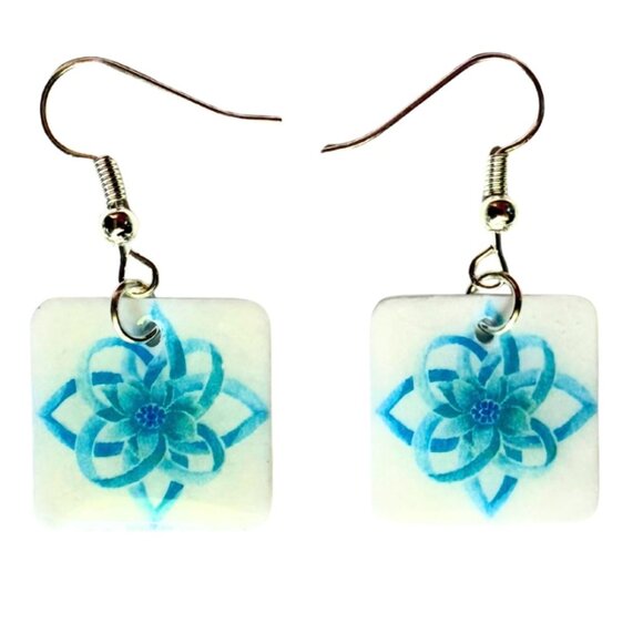 Blue Celtic Knot Dangle Earrings, Resin Square Design, Hypoallergenic Fishhook, - Picture 1 of 3
